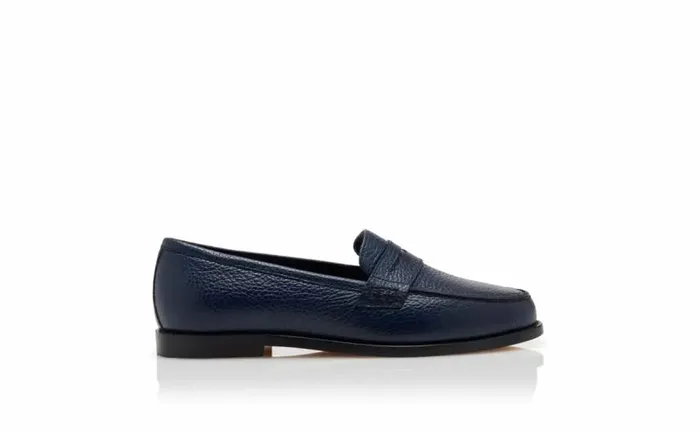 Women Dark Blue Calf Leather Penny Loafers Manolo Blahnik Flats