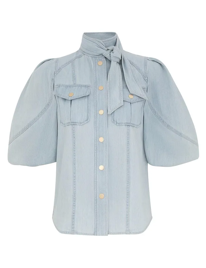 Women Denim Zimmermann Acacia Denim Lantern Blouse Ice Storm