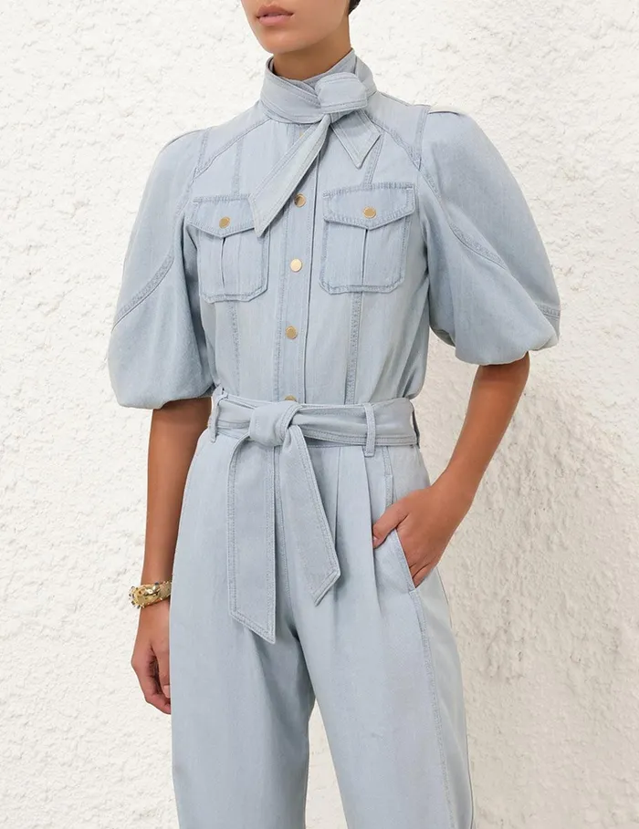 Women Denim Zimmermann Acacia Denim Lantern Blouse Ice Storm