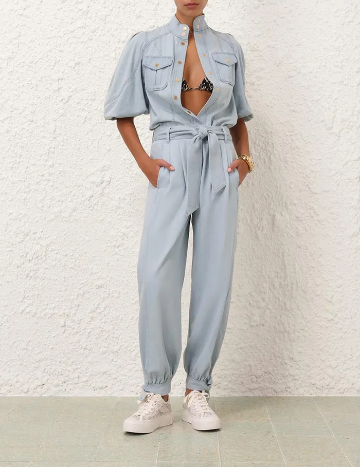Women Denim Zimmermann Acacia Denim Lantern Blouse Ice Storm