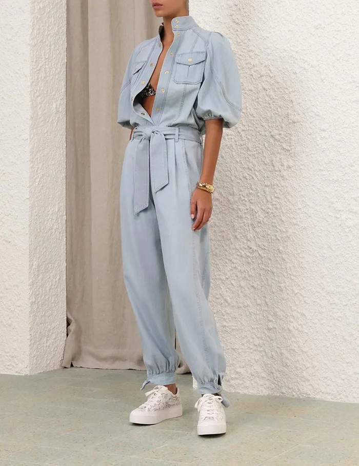 Women Denim Zimmermann Acacia Denim Lantern Blouse Ice Storm