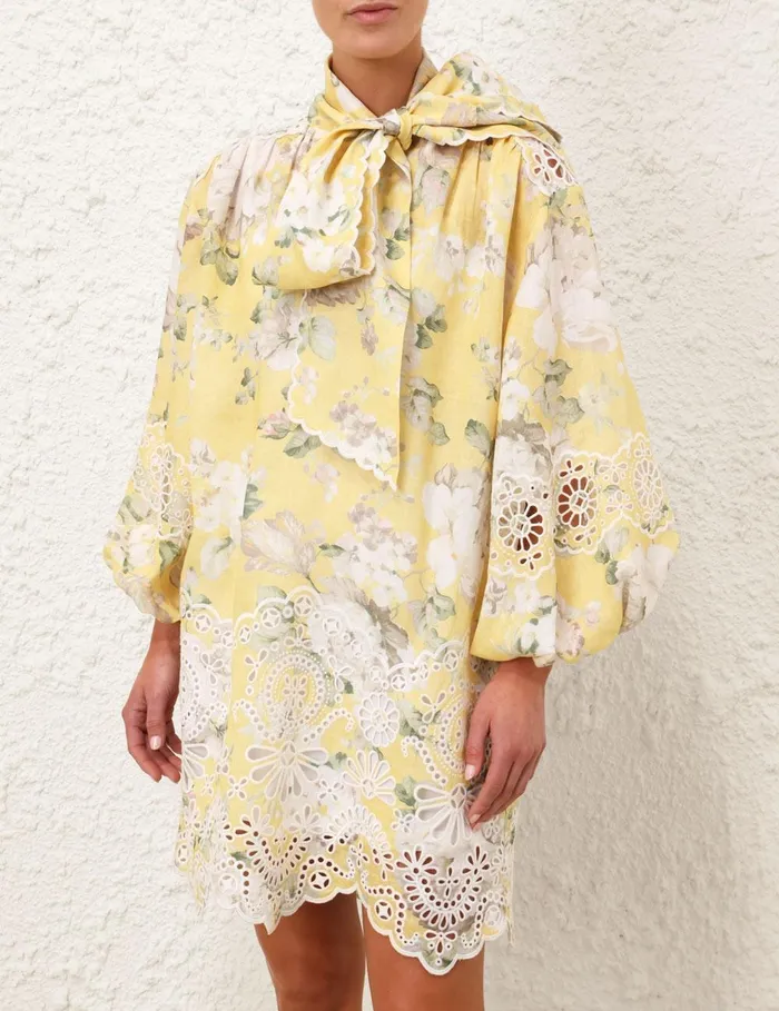 Women Dresses and Coverups Zimmermann Acacia Broderie Tie Mini Dress Yellow Floral