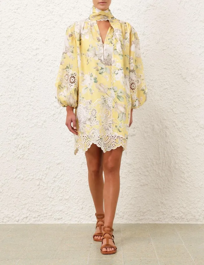 Women Dresses and Coverups Zimmermann Acacia Broderie Tie Mini Dress Yellow Floral