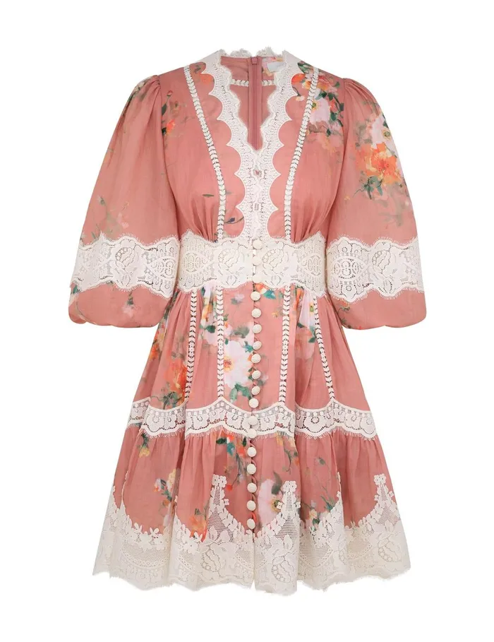 Women Dresses and Coverups Zimmermann Everley Lace Trim Mini Dress Pink Watercolour Floral