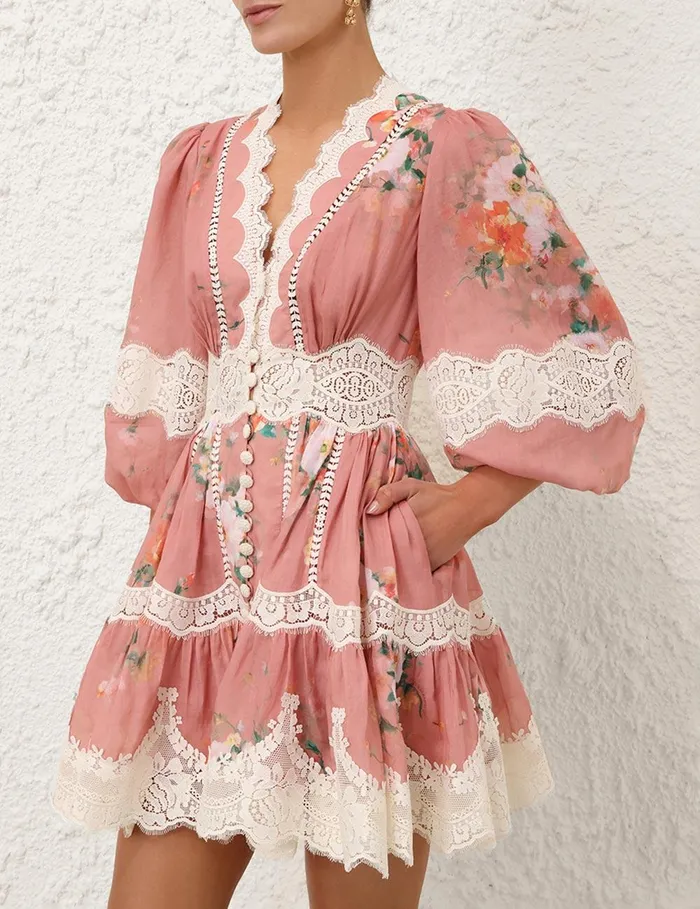 Women Dresses and Coverups Zimmermann Everley Lace Trim Mini Dress Pink Watercolour Floral