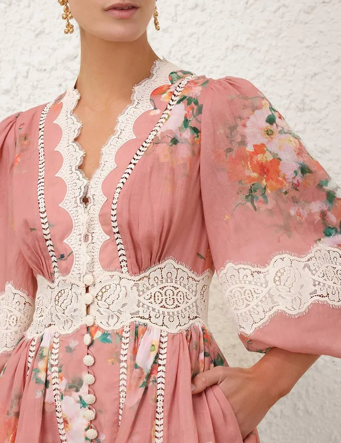 Women Dresses and Coverups Zimmermann Everley Lace Trim Mini Dress Pink Watercolour Floral