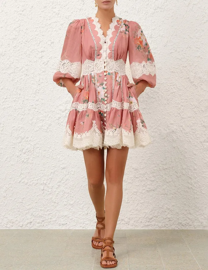 Women Dresses and Coverups Zimmermann Everley Lace Trim Mini Dress Pink Watercolour Floral