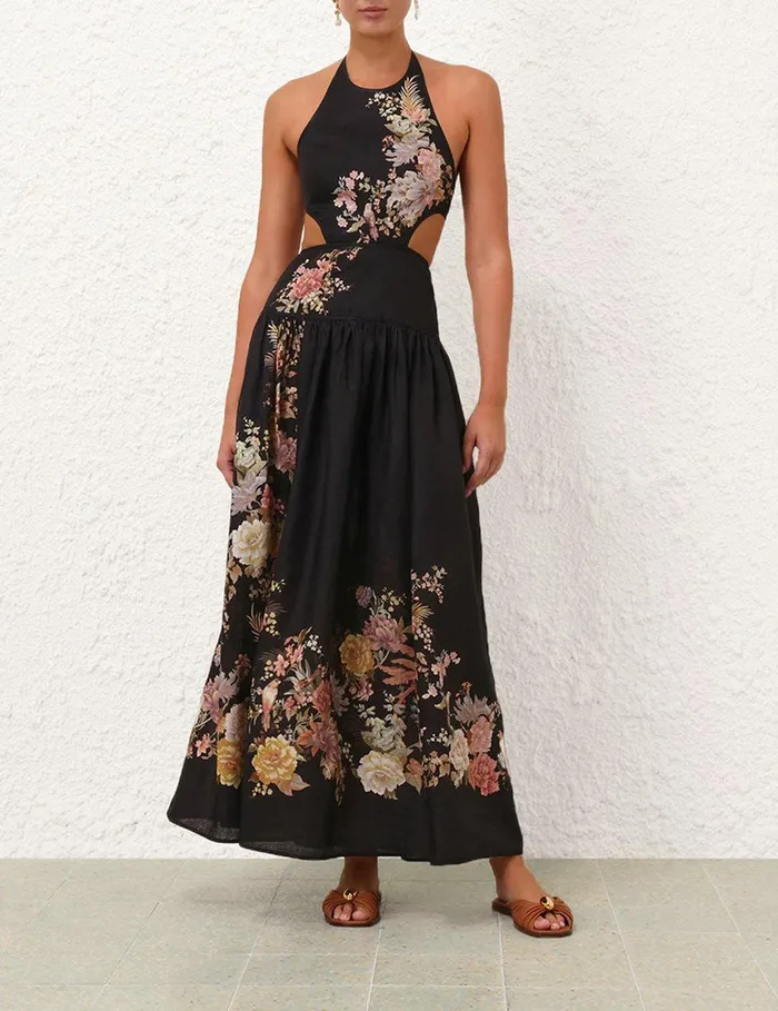 Women Dresses and Coverups Zimmermann Tallow Halter Midi Dress Black Multi Floral