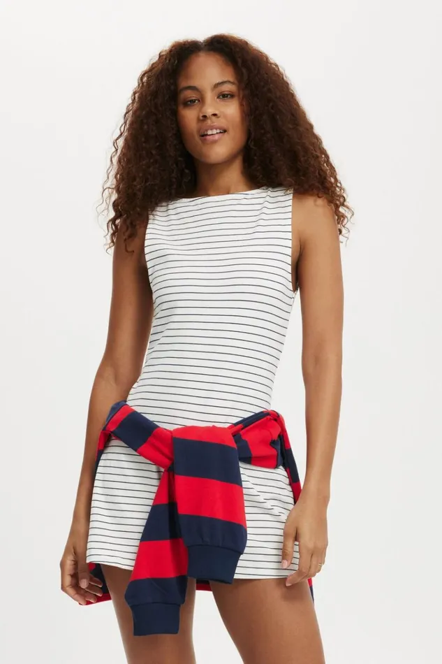 Women Dresses Cotton On Bella Boat Neck Mini Dress Classic Stripe Gardenia