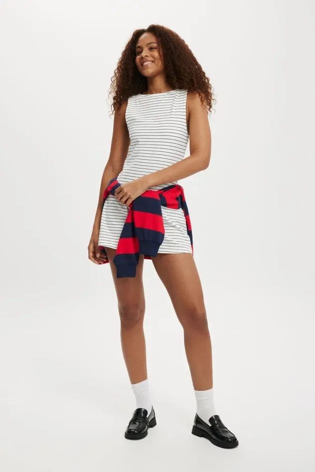 Women Dresses Cotton On Bella Boat Neck Mini Dress Classic Stripe Gardenia