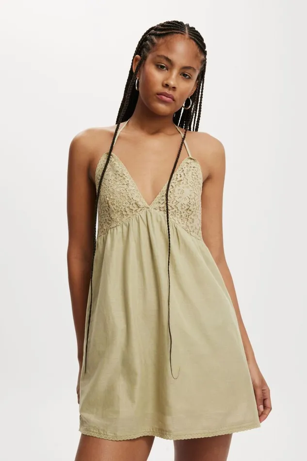 Women Dresses Cotton On Evelyn Halter Mini Dress Desert Sage