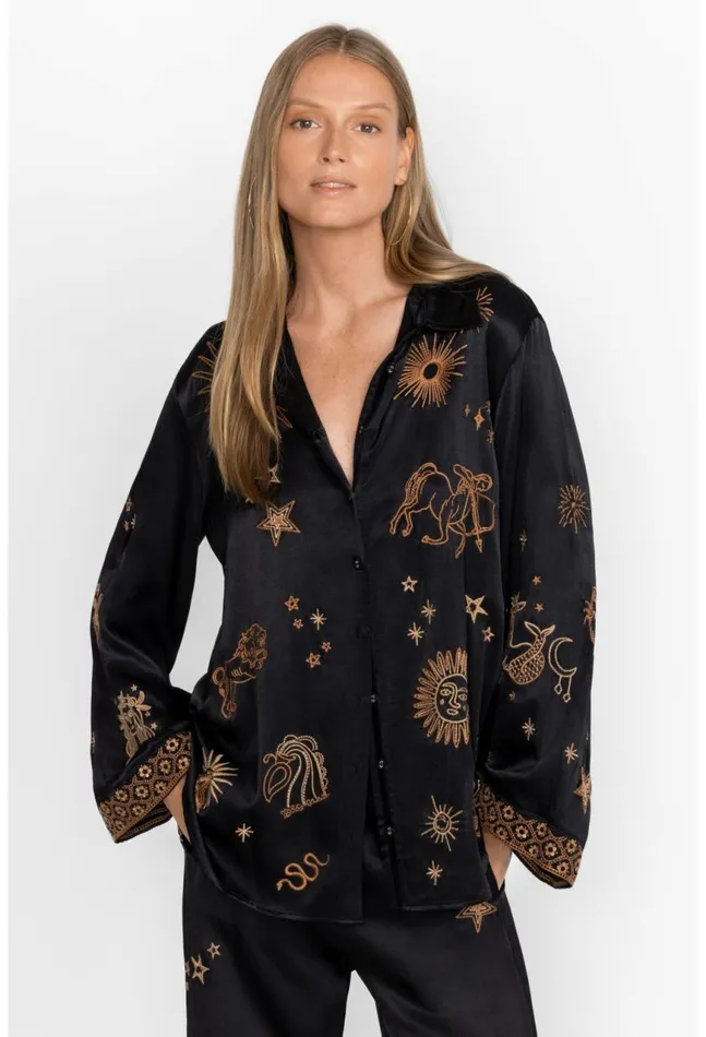 Women Estrella Kimono Sleeve Oversized Shirt Black Johnny Was Tops