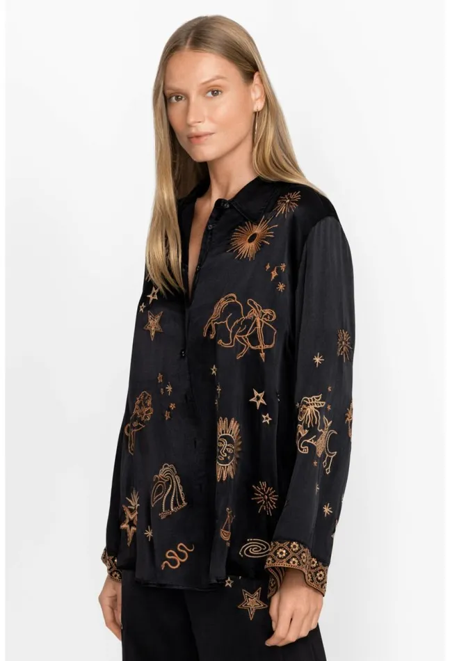 Women Estrella Kimono Sleeve Oversized Shirt Black Johnny Was Tops