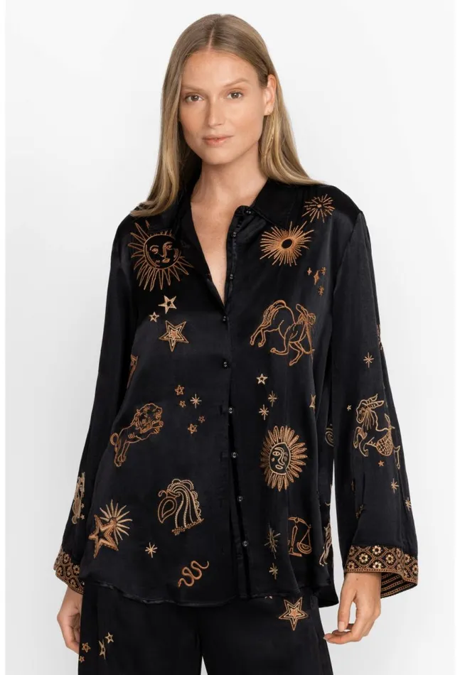 Women Estrella Kimono Sleeve Oversized Shirt Black Johnny Was Tops
