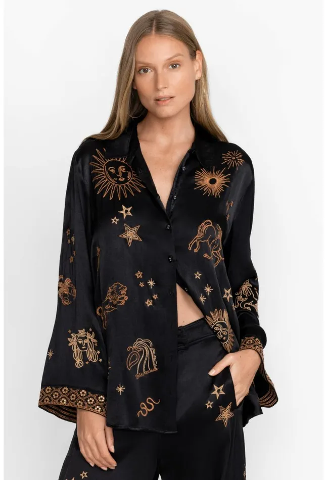 Women Estrella Kimono Sleeve Oversized Shirt Black Johnny Was Tops