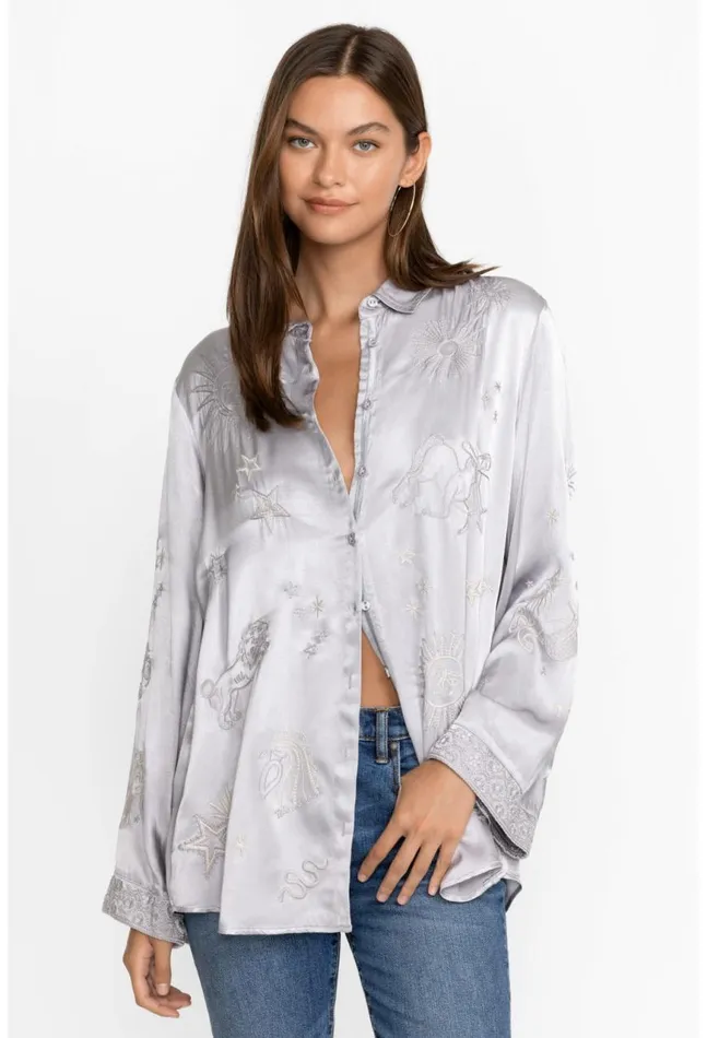 Women Estrella Kimono Sleeve Oversized Shirt Silver Johnny Was Tops