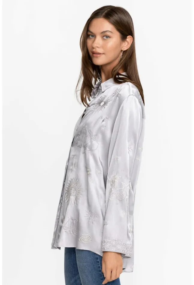 Women Estrella Kimono Sleeve Oversized Shirt Silver Johnny Was Tops