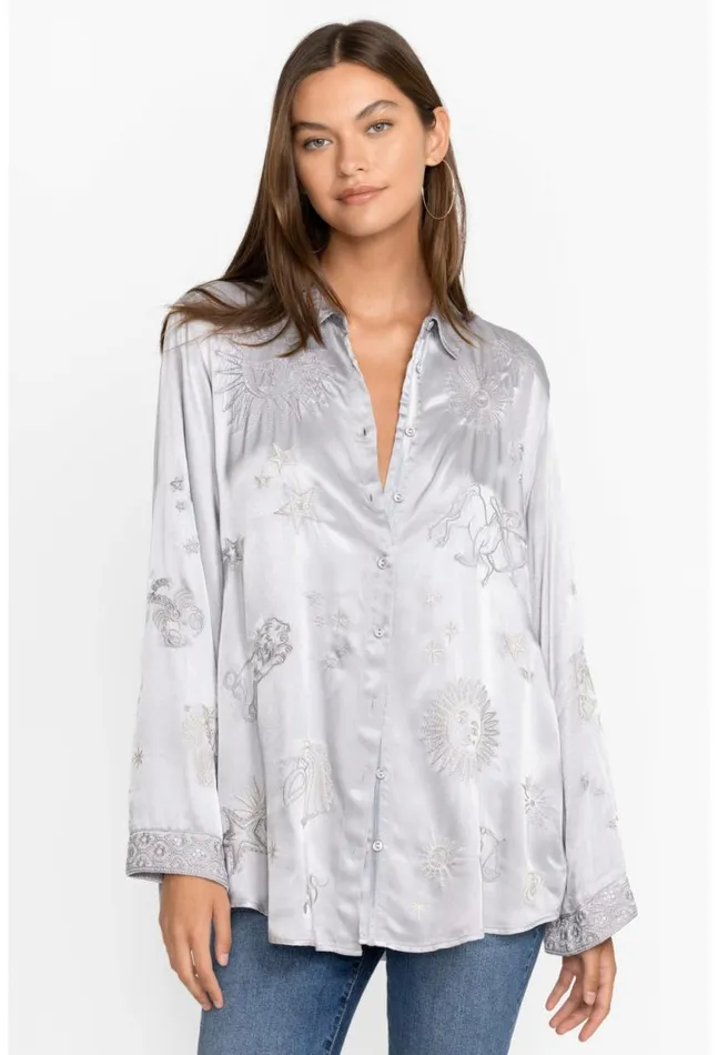 Women Estrella Kimono Sleeve Oversized Shirt Silver Johnny Was Tops