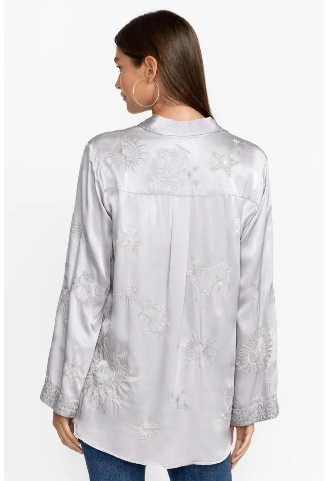 Women Estrella Kimono Sleeve Oversized Shirt Silver Johnny Was Tops