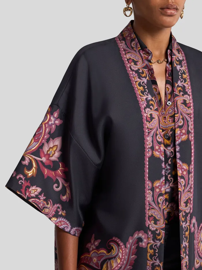 Women Etro Capes And Ponchos Silk Twill Kesa With Placed Print Black Women Etro Capes And Ponchos Silk Twill Kesa With Placed Print Black