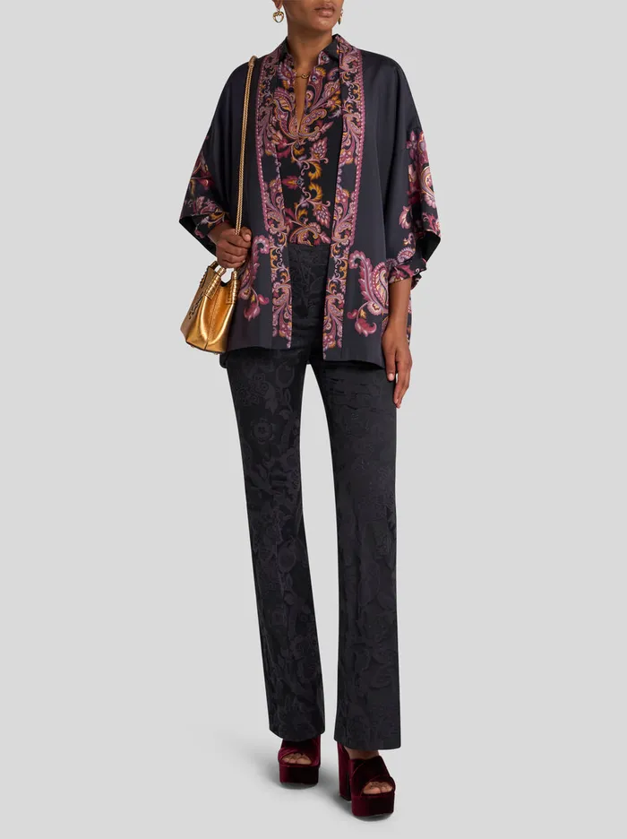 Women Etro Capes And Ponchos Silk Twill Kesa With Placed Print Black Women Etro Capes And Ponchos Silk Twill Kesa With Placed Print Black