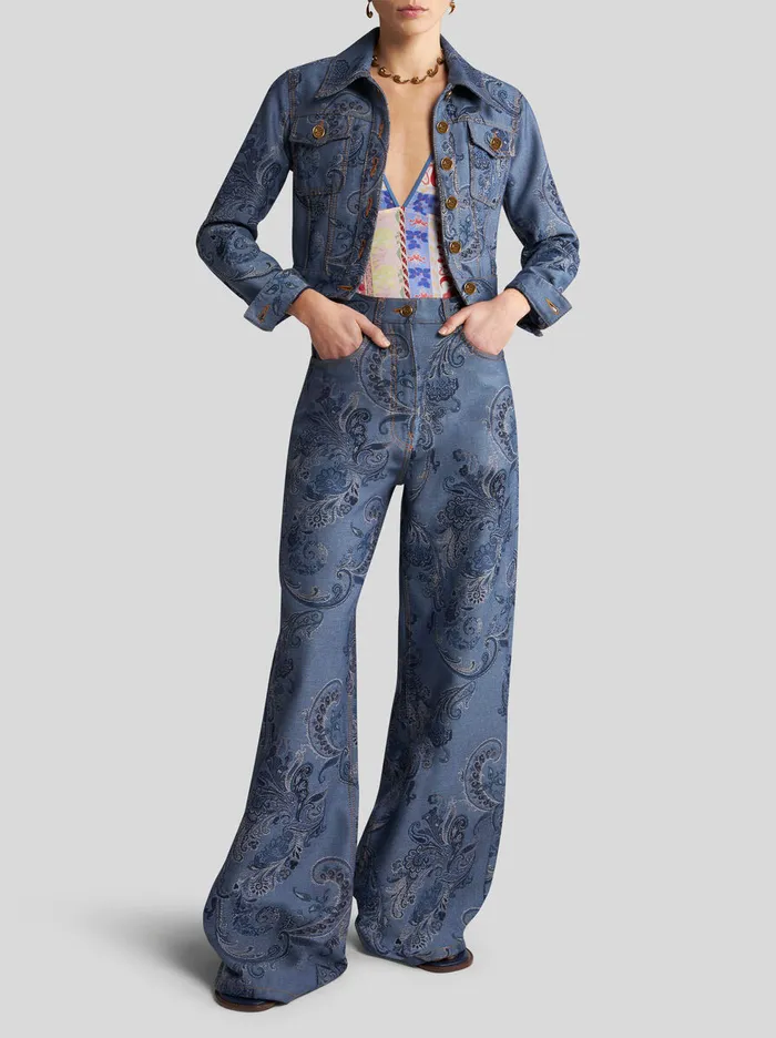 Women Etro Jackets Denim Jacquard Jacket Navy Blue