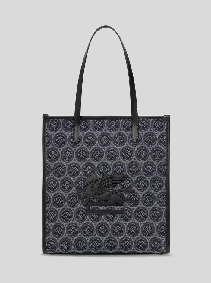 Women Etro Shopping Bags Medium Denim Jacquard Love Trotter Bag Navy Blue