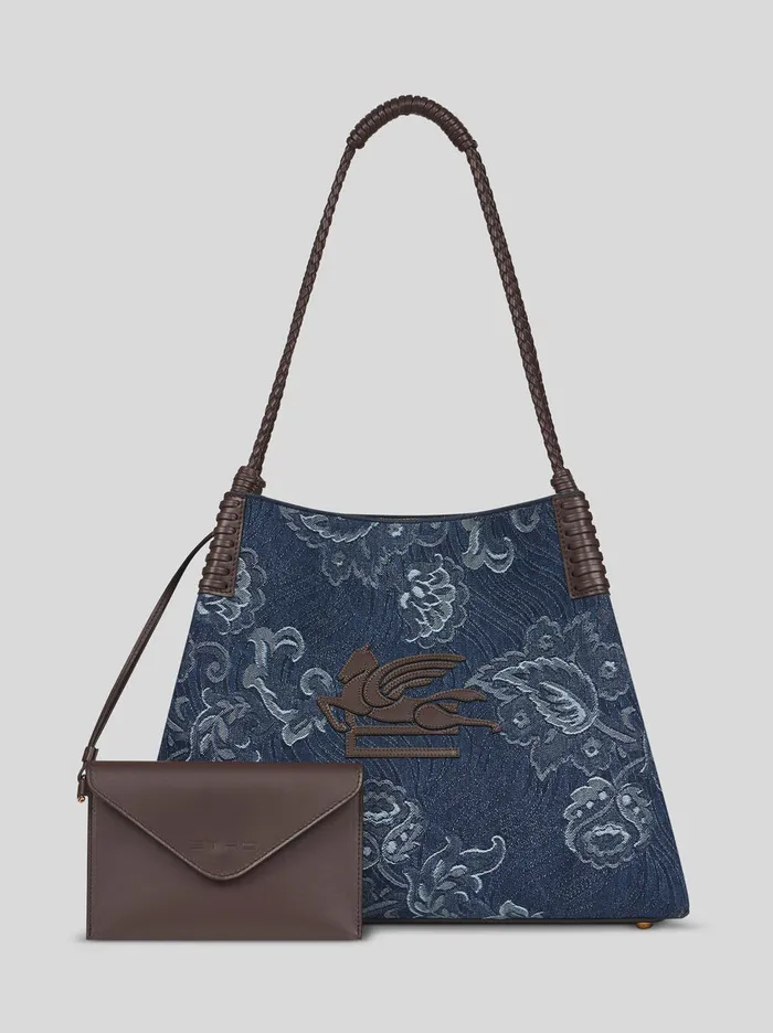 Women Etro Shopping Bags Medium Libra Tote Bag In Jacquard Denim Navy Blue