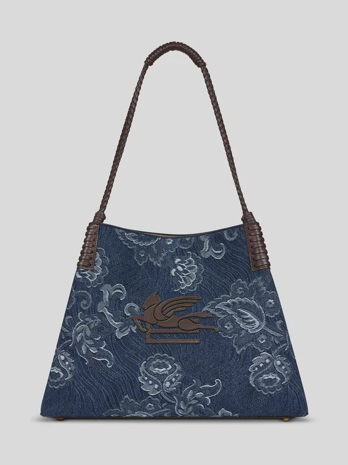 Women Etro Shopping Bags Medium Libra Tote Bag In Jacquard Denim Navy Blue