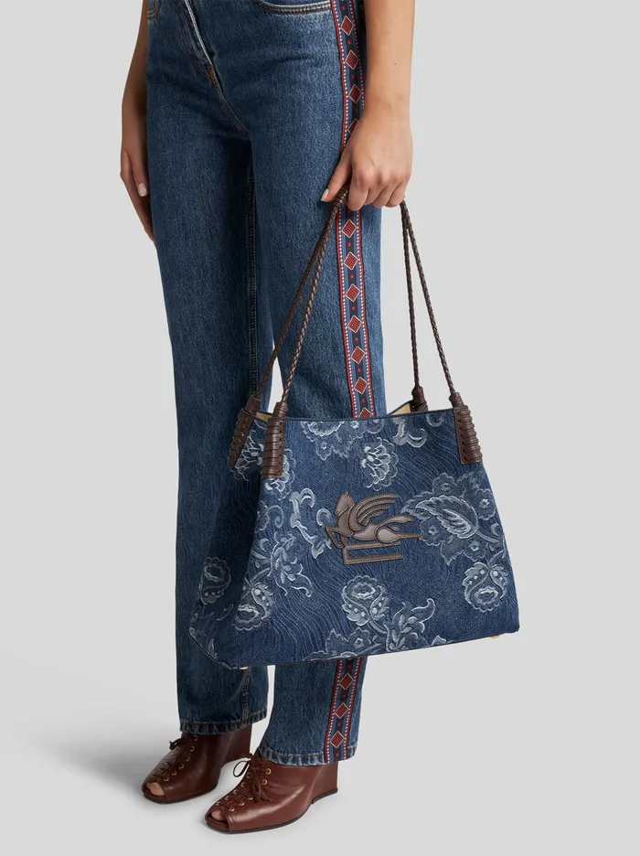 Women Etro Shopping Bags Medium Libra Tote Bag In Jacquard Denim Navy Blue