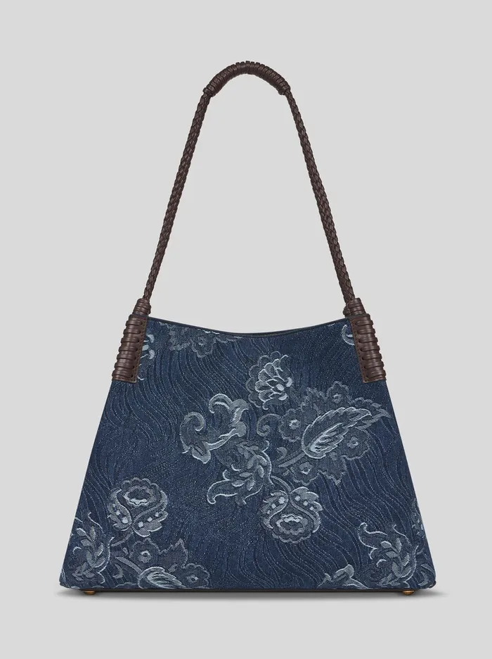 Women Etro Shopping Bags Medium Libra Tote Bag In Jacquard Denim Navy Blue