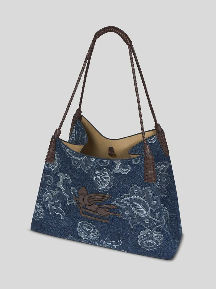 Women Etro Shopping Bags Medium Libra Tote Bag In Jacquard Denim Navy Blue