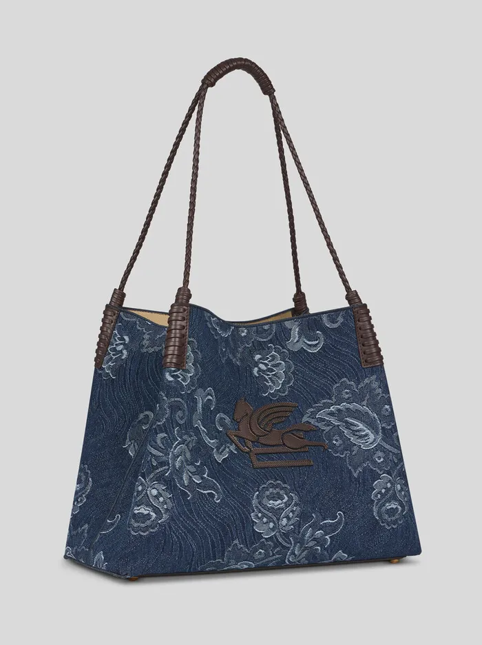 Women Etro Shopping Bags Medium Libra Tote Bag In Jacquard Denim Navy Blue