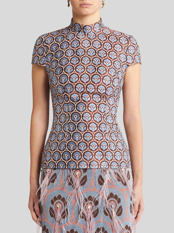 Women Etro Tops Shiny Jacquard Top Light Blue Women Etro Tops Shiny Jacquard Top Light Blue