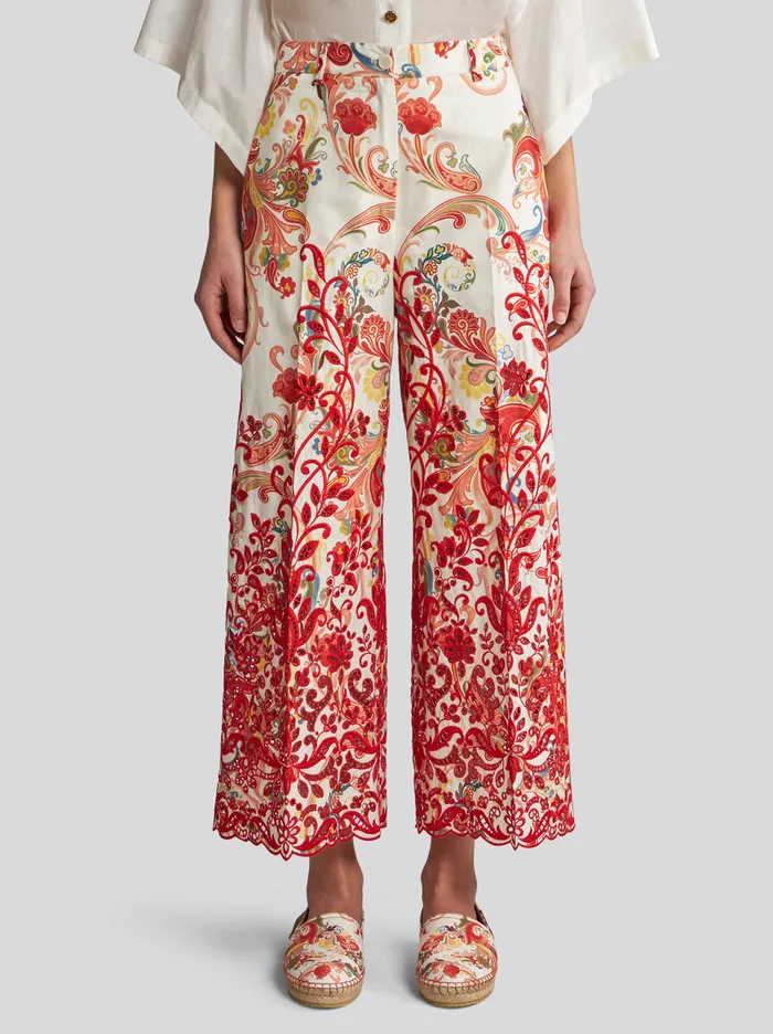 Women Etro Trousers Paisley Culotte Trousers With Embroidery White Women Etro Trousers Paisley Culotte Trousers With Embroidery White