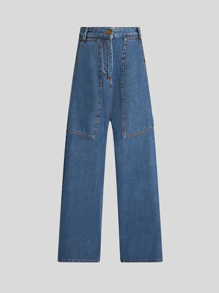 Women Etro Trousers WideLeg Denim Jeans Light Blue