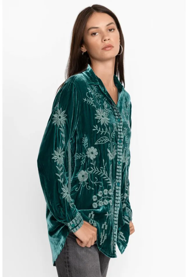 Women Georgina Velvet Oversized Shirt Deep Teal Johnny Was Tops