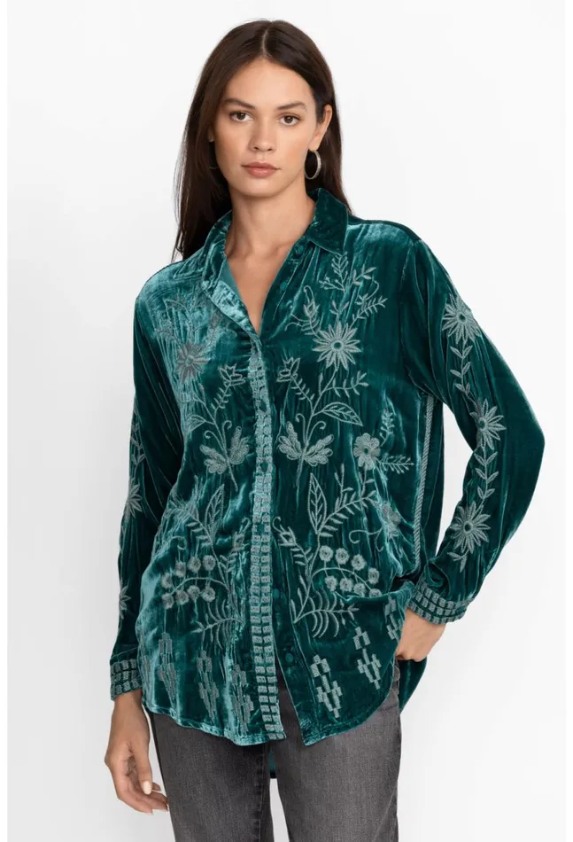 Women Georgina Velvet Oversized Shirt Deep Teal Johnny Was Tops