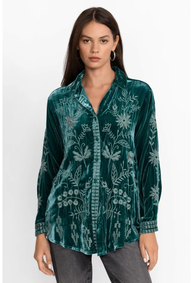 Women Georgina Velvet Oversized Shirt Deep Teal Johnny Was Tops
