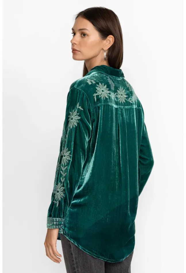 Women Georgina Velvet Oversized Shirt Deep Teal Johnny Was Tops