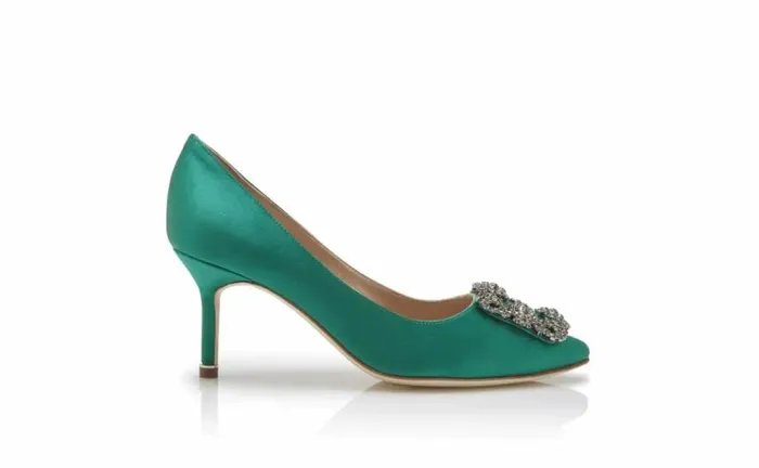 Women Green Satin Jewel Buckle Pumps Manolo Blahnik Pumps