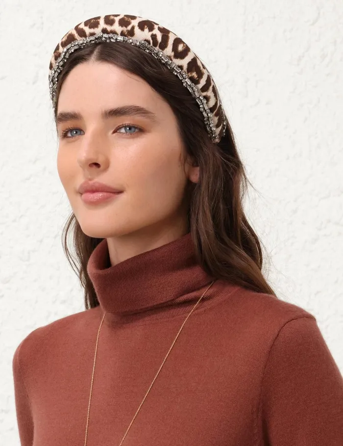 Women Hair Accessories Zimmermann Linen Rhinestone Headband Chocolate Leopard