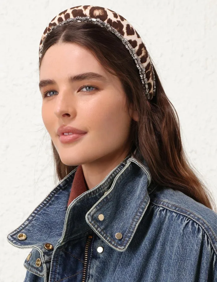 Women Hair Accessories Zimmermann Linen Rhinestone Headband Chocolate Leopard