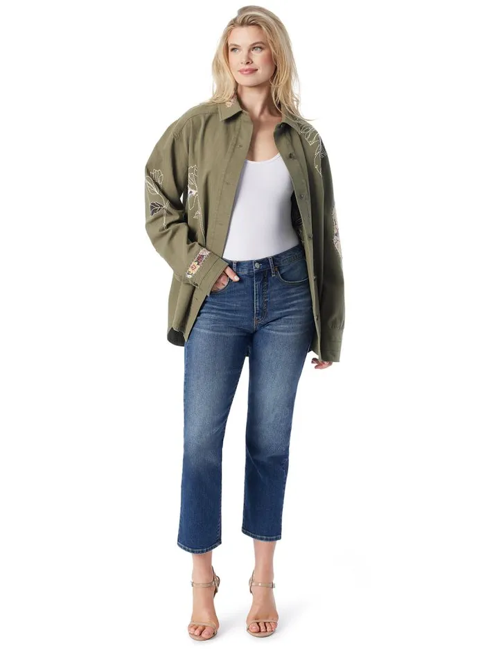 Women Jessica Simpson Jackets Blazers and Kimonos Embellished Shacket In Bronze Green