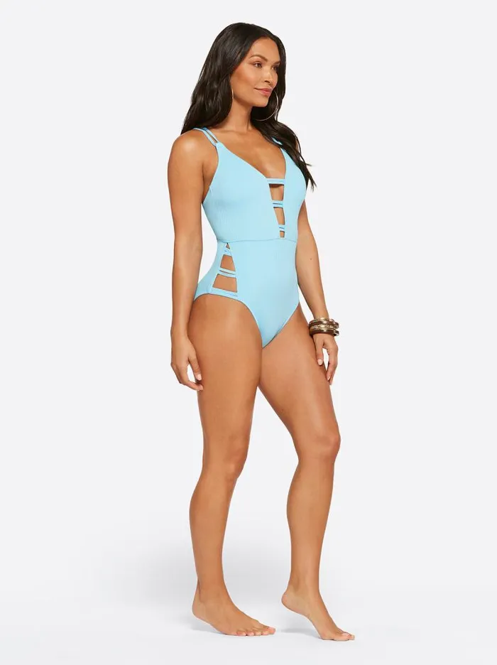 Women Jessica Simpson Swim Textured Solids Plunge One Piece In Sky