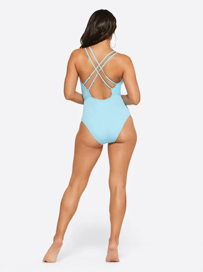 Women Jessica Simpson Swim Textured Solids Plunge One Piece In Sky