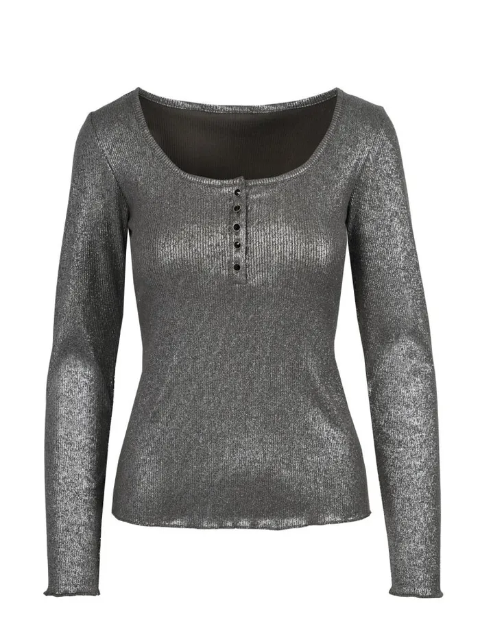 Women Jessica Simpson Tops and Tees Tahani Henley Top In Silver Grey