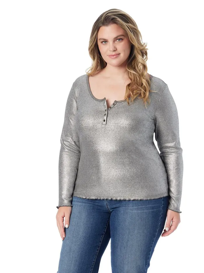 Women Jessica Simpson Tops and Tees Tahani Henley Top In Silver Grey
