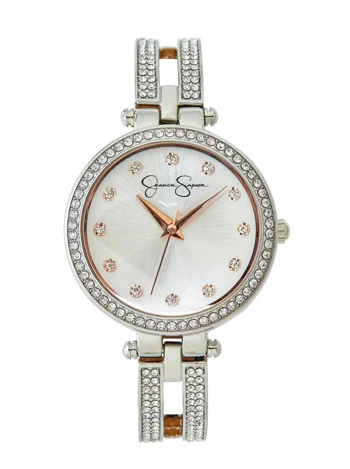Women Jessica Simpson Watches Silver Tone Crystal Double Arm Bangle Watch