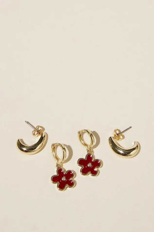 Women Jewelry Cotton On 2Pk Mid Earring Gold Plated Red Retro Flower